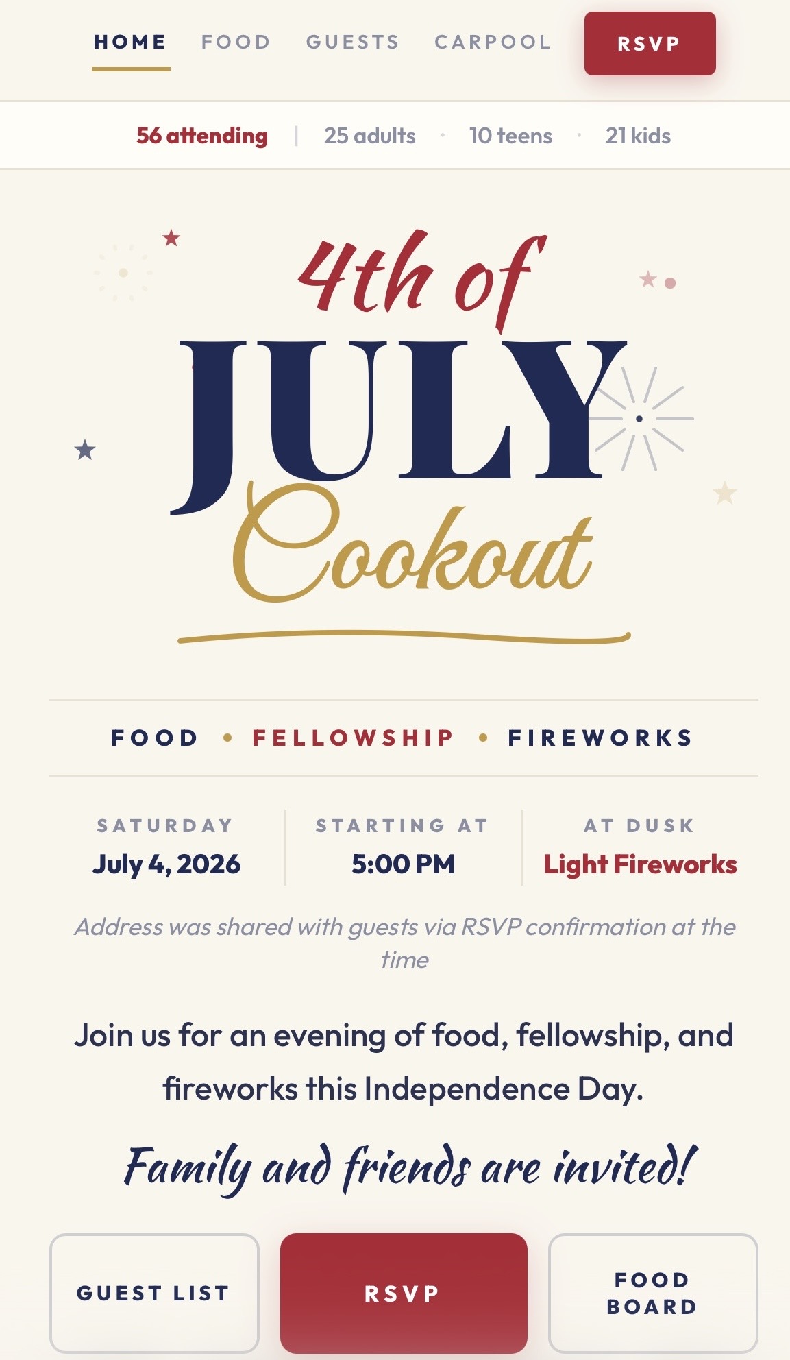 4th of July Cookout gathering page